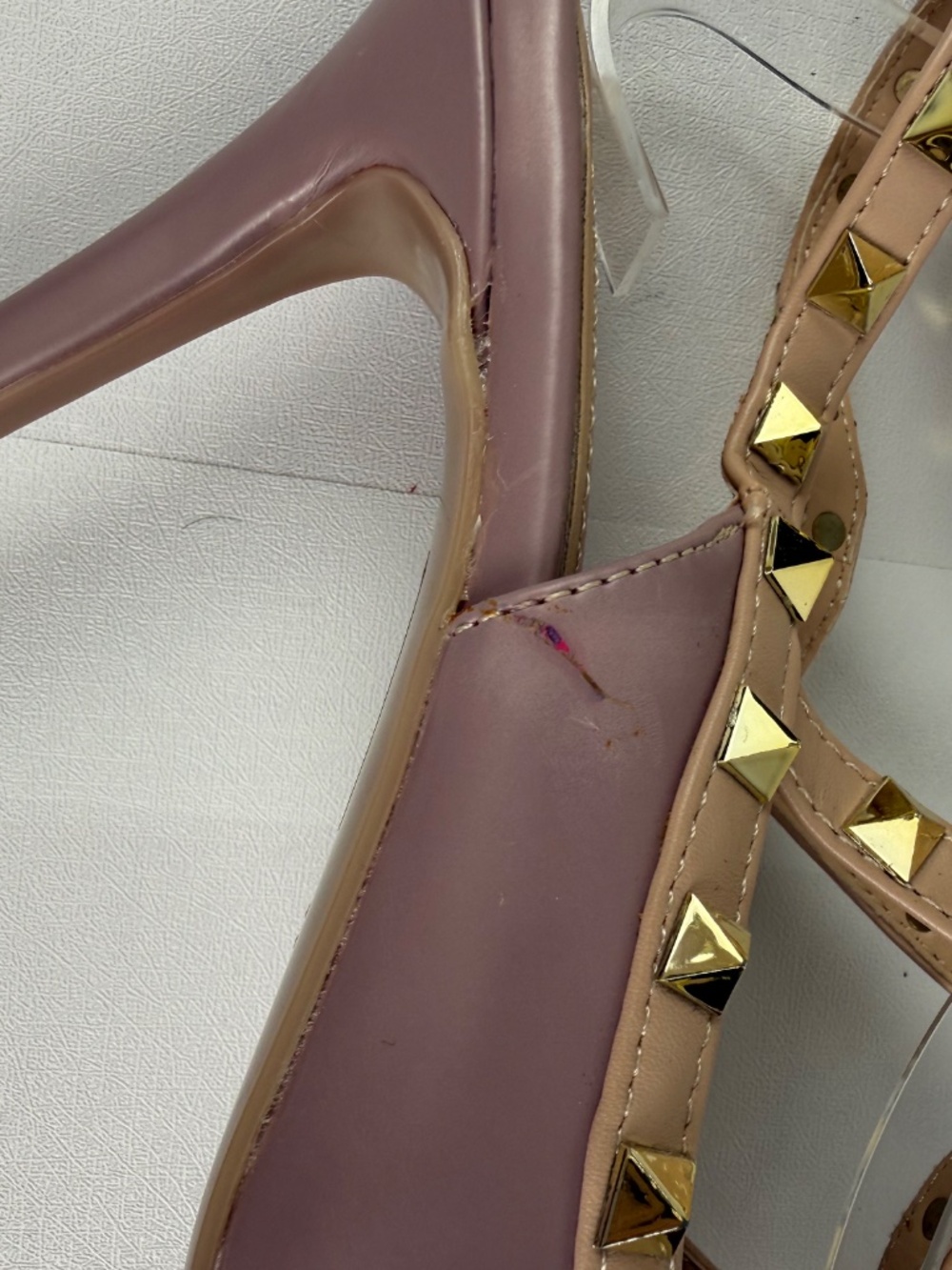 Studded T-Strap Pointed Toe Heels in Dusty Rose - Picture 4 of 10
